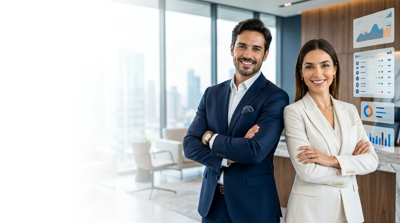 Dois consultores da LV Intelligence ao lado de painéis do sistema GROW